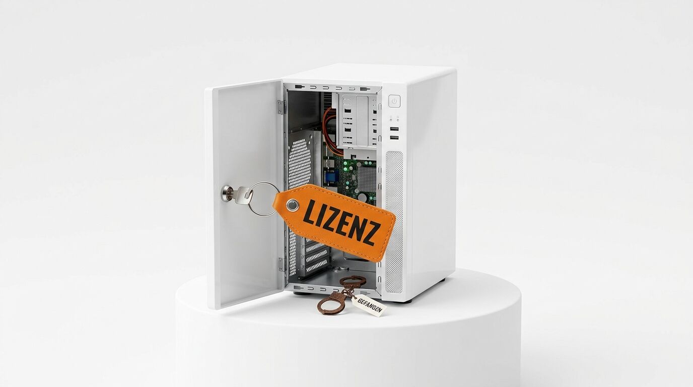 Geöffneter PC-Schrank mit Lizenz-Schlüssel und Handschellen auf weißem Podest