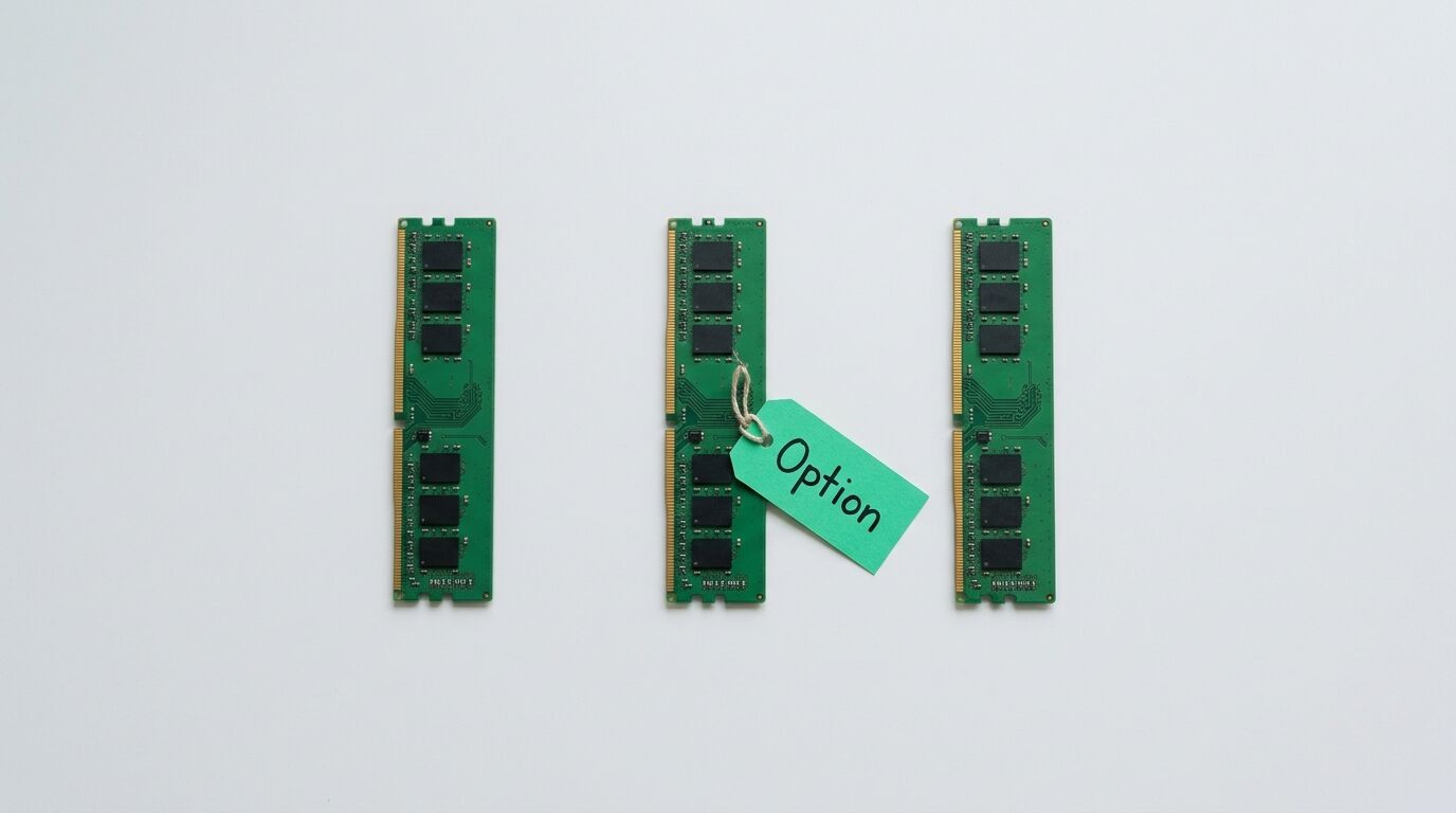 Drei RAM-Module auf Weiß, das mittlere mit einem grünen Anhänger „Option“