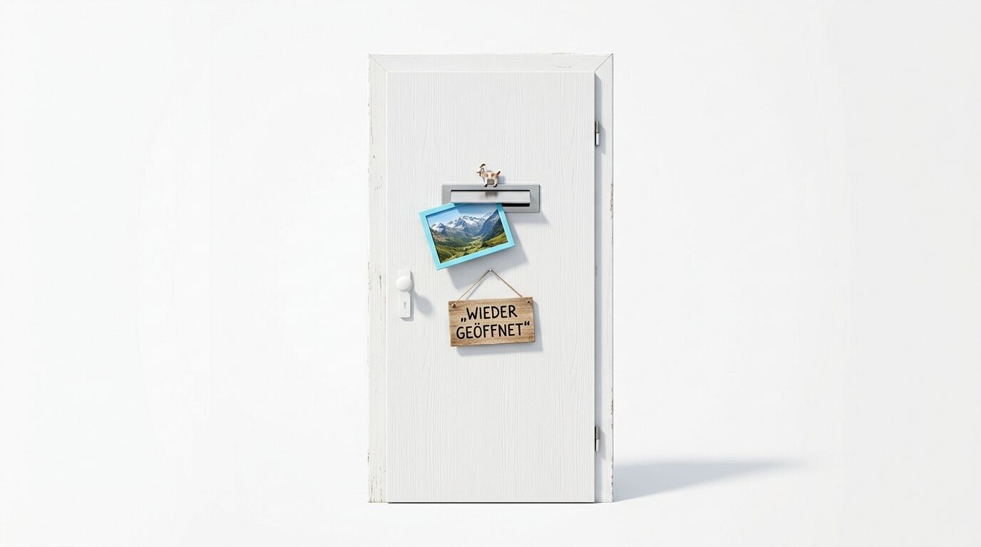 Weisse Holztür mit Postkarte, Ziege und „WIEDER GEÖFFNET“-Schild vor weissem Hintergrund