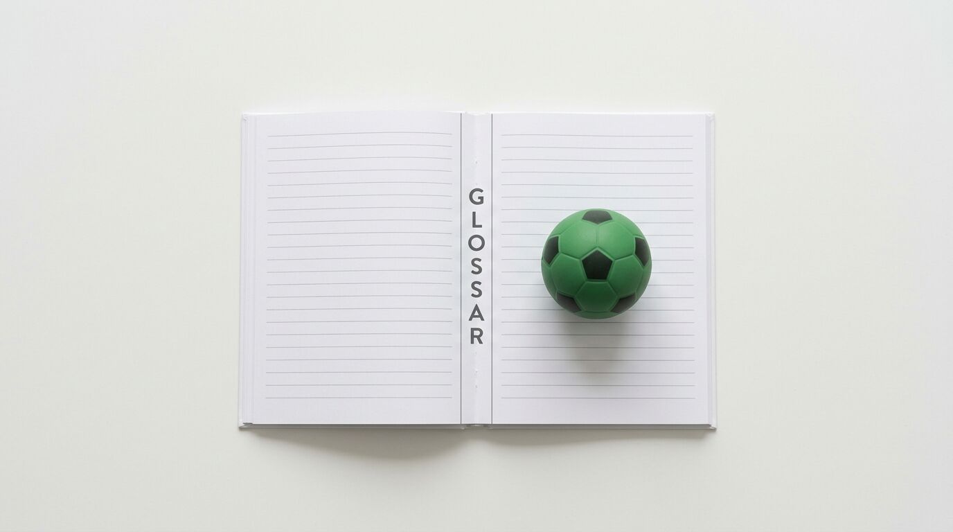 Draufsicht auf ein offenes liniertes Notizbuch mit dem Text „GLOSSAR“ und grünem Fußball darauf