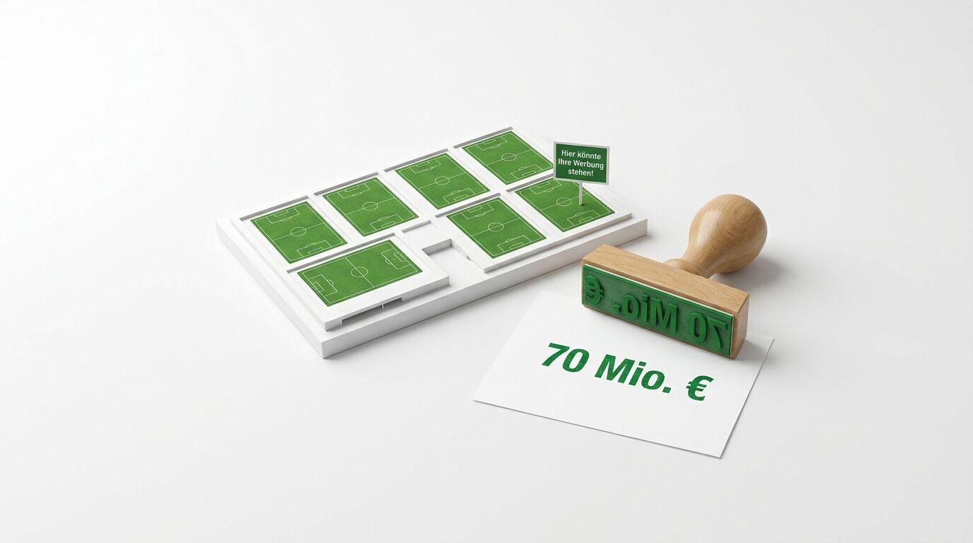 Miniatur-Fußballfelder, Werbeschild, Stempel, Papier mit Text „70 Mio. €“