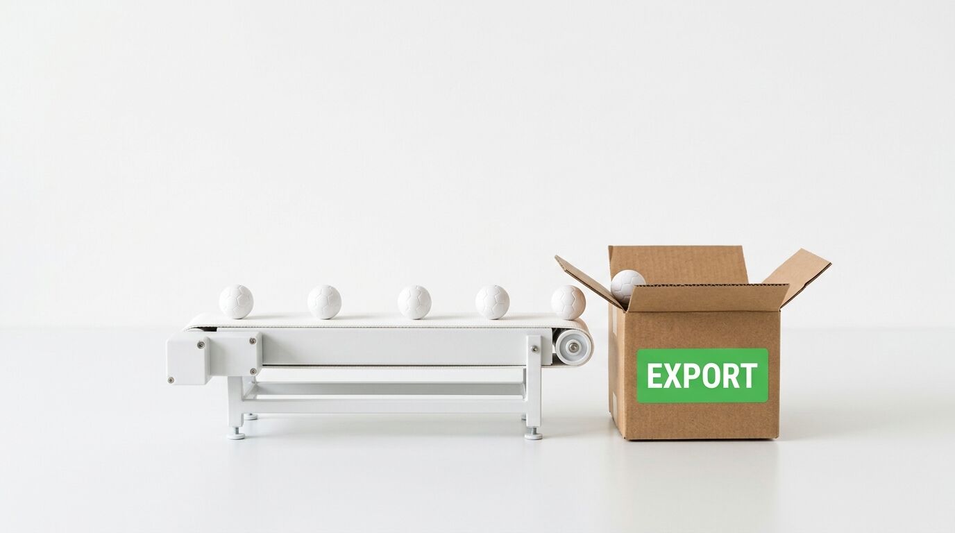Weiße Fußbälle auf Förderband werden in Karton mit „EXPORT“-Aufkleber befördert