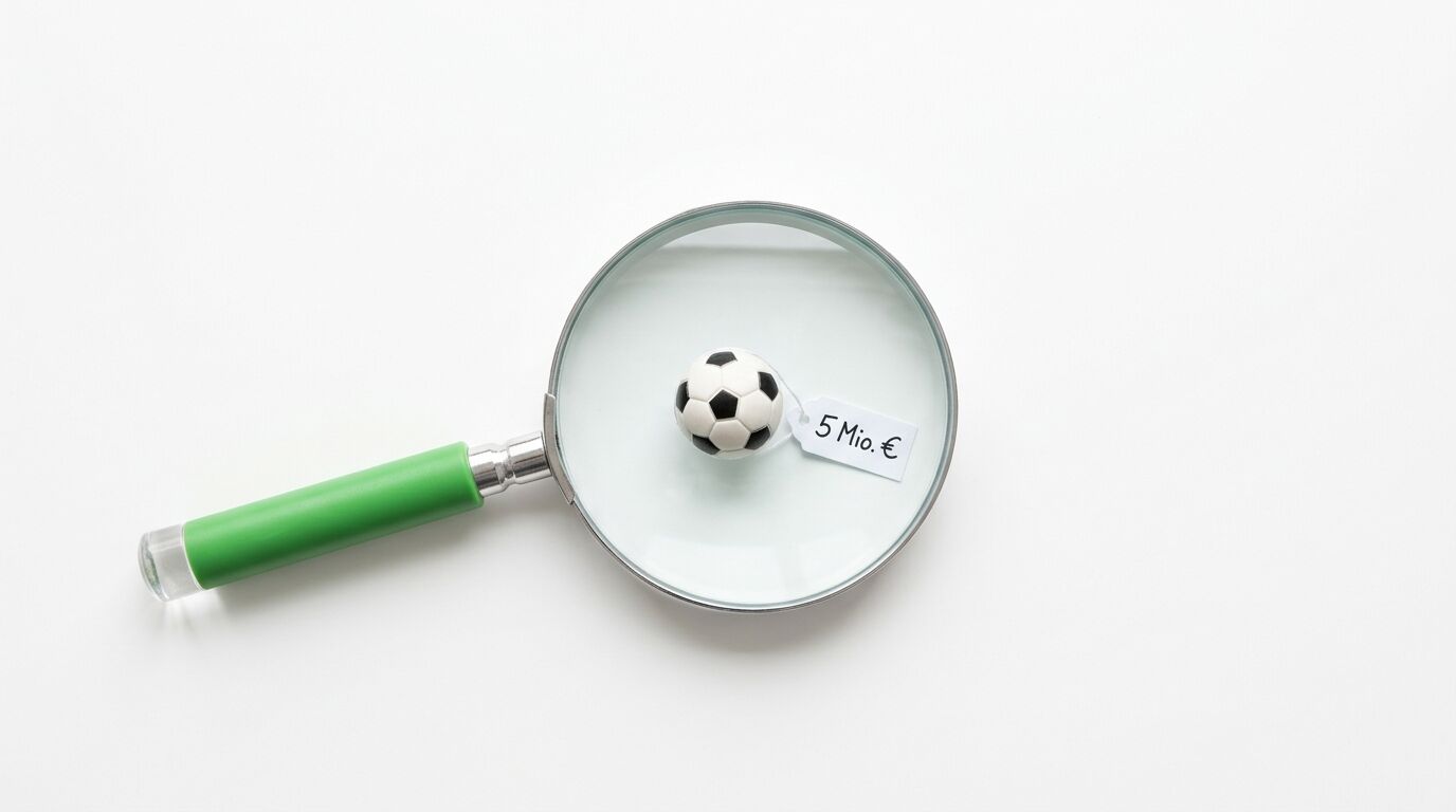 Lupe über kleinem Fußball mit Preisschild (5 Mio. €) auf weißem Grund
