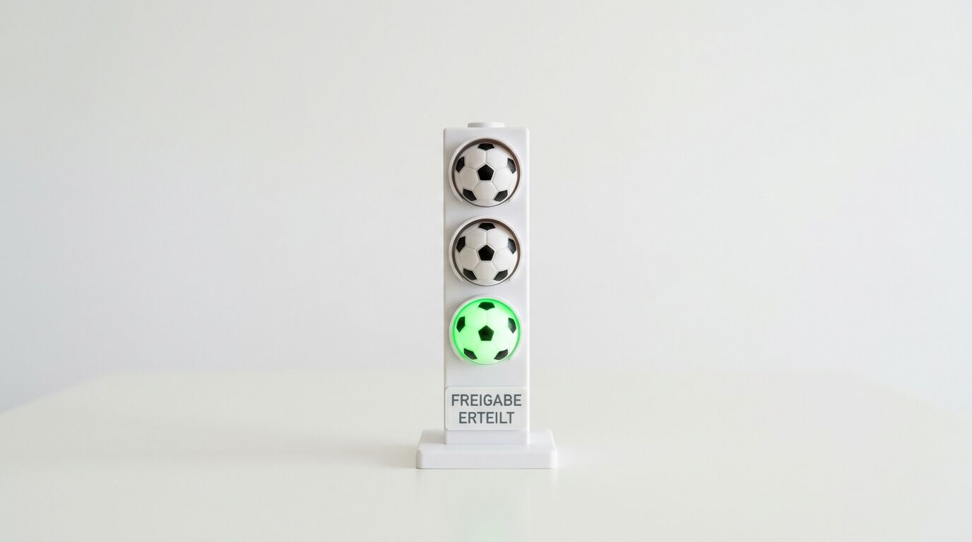 Spielzeugampel mit drei Fußbällen, der untere leuchtet grün, Text „FREIGABE ERTEILT“ darunter