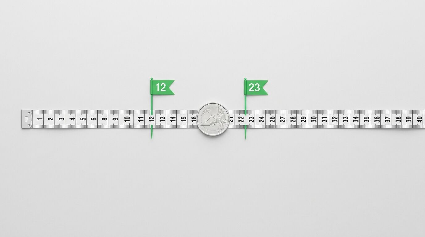 Maßband mit 2-Euro-Münze und zwei grünen Fahnen (12, 23) auf grauem Grund