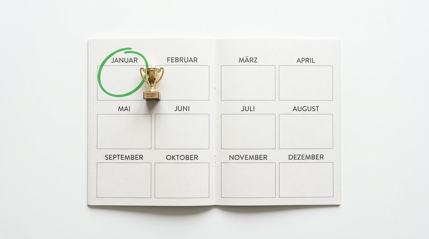 Kalender: Januar grün umkreist, kleiner Goldpokal daneben auf weißem Grund