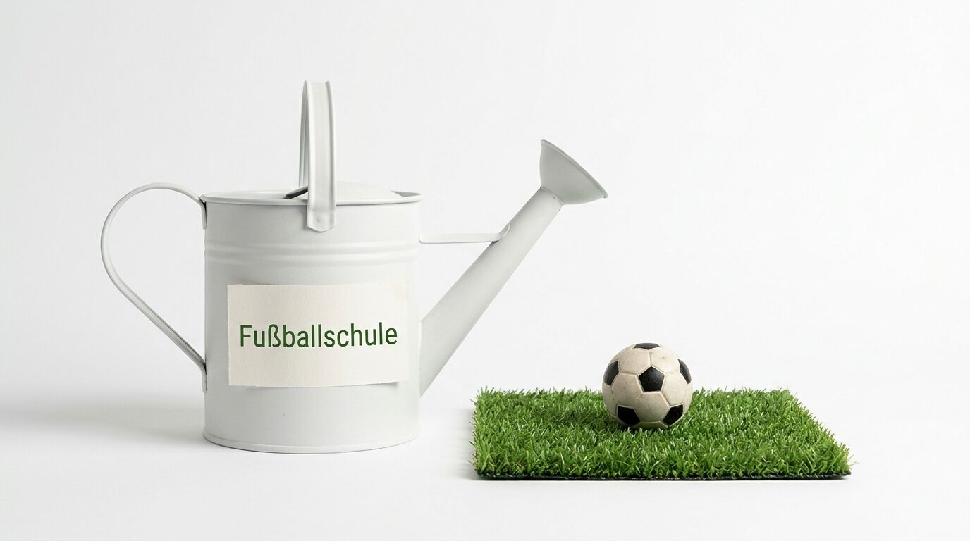 Weiße Gießkanne mit Aufschrift Fußballschule und ein Fußball auf Kunstrasen vor weißem Hintergrund