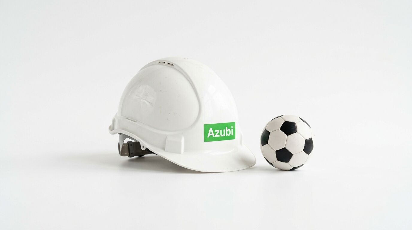 Ein weißer Schutzhelm mit dem grünen Schriftzug „Azubi“ neben einem Fußball