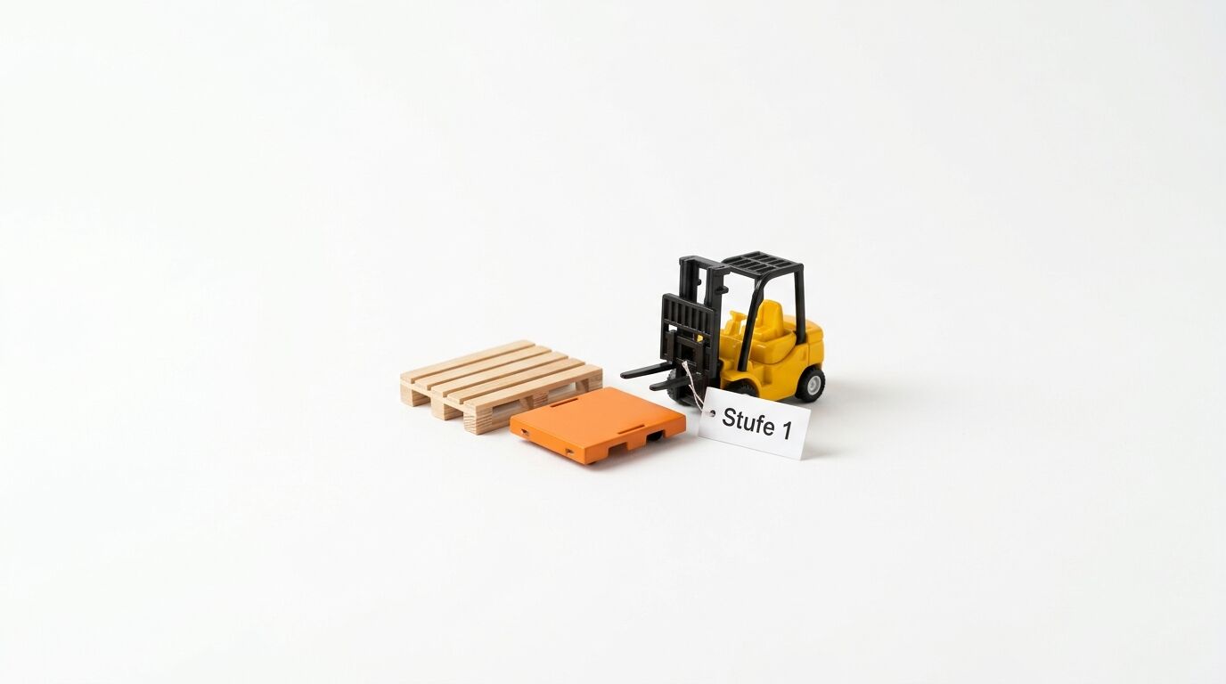 Gabelstapler-Modell, Holzpalette, orange Palette und „Stufe 1“-Schild auf Weiß