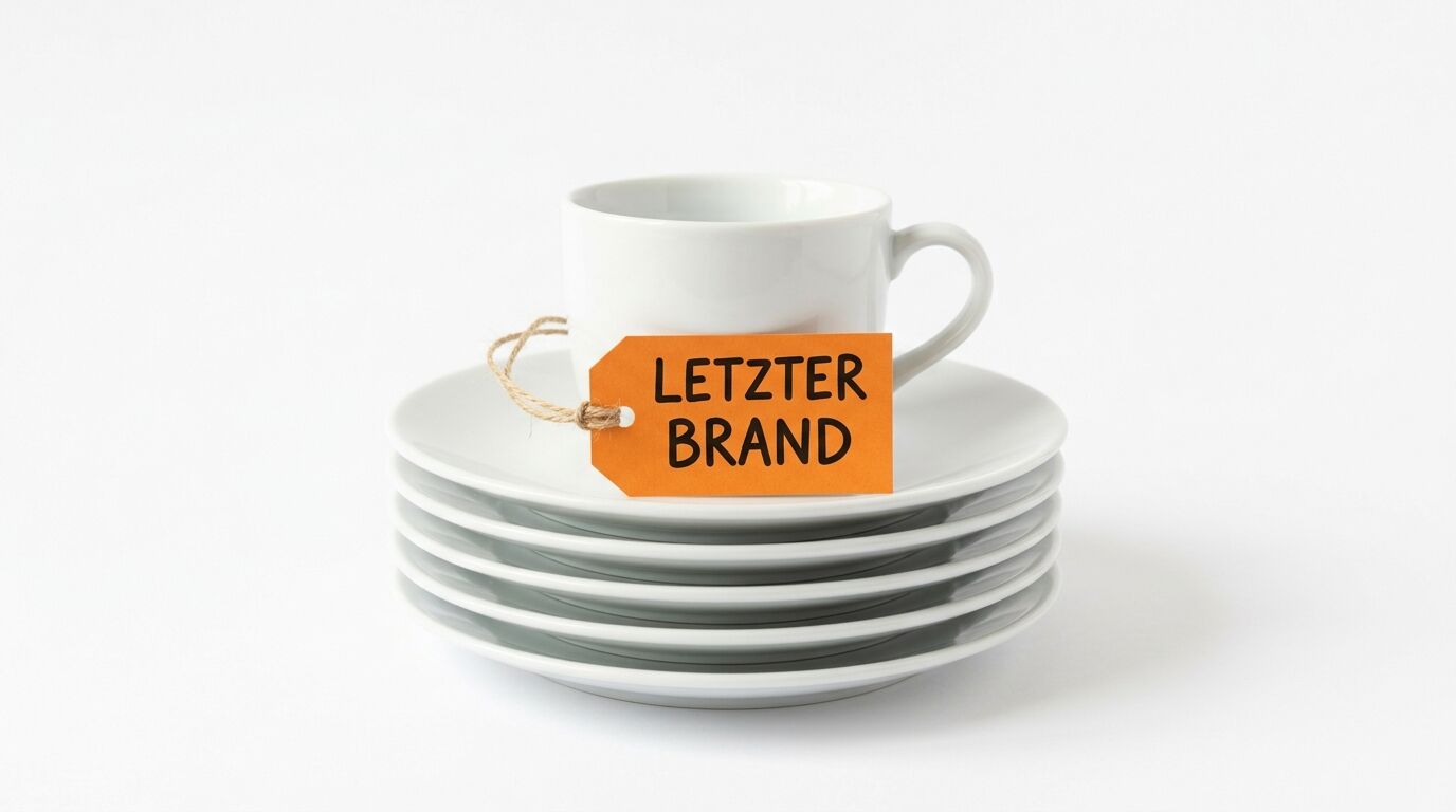 Weiße Tasse auf Tellerstapel mit orangefarbenem Anhänger und Text „LETZTER BRAND“ auf Weiß