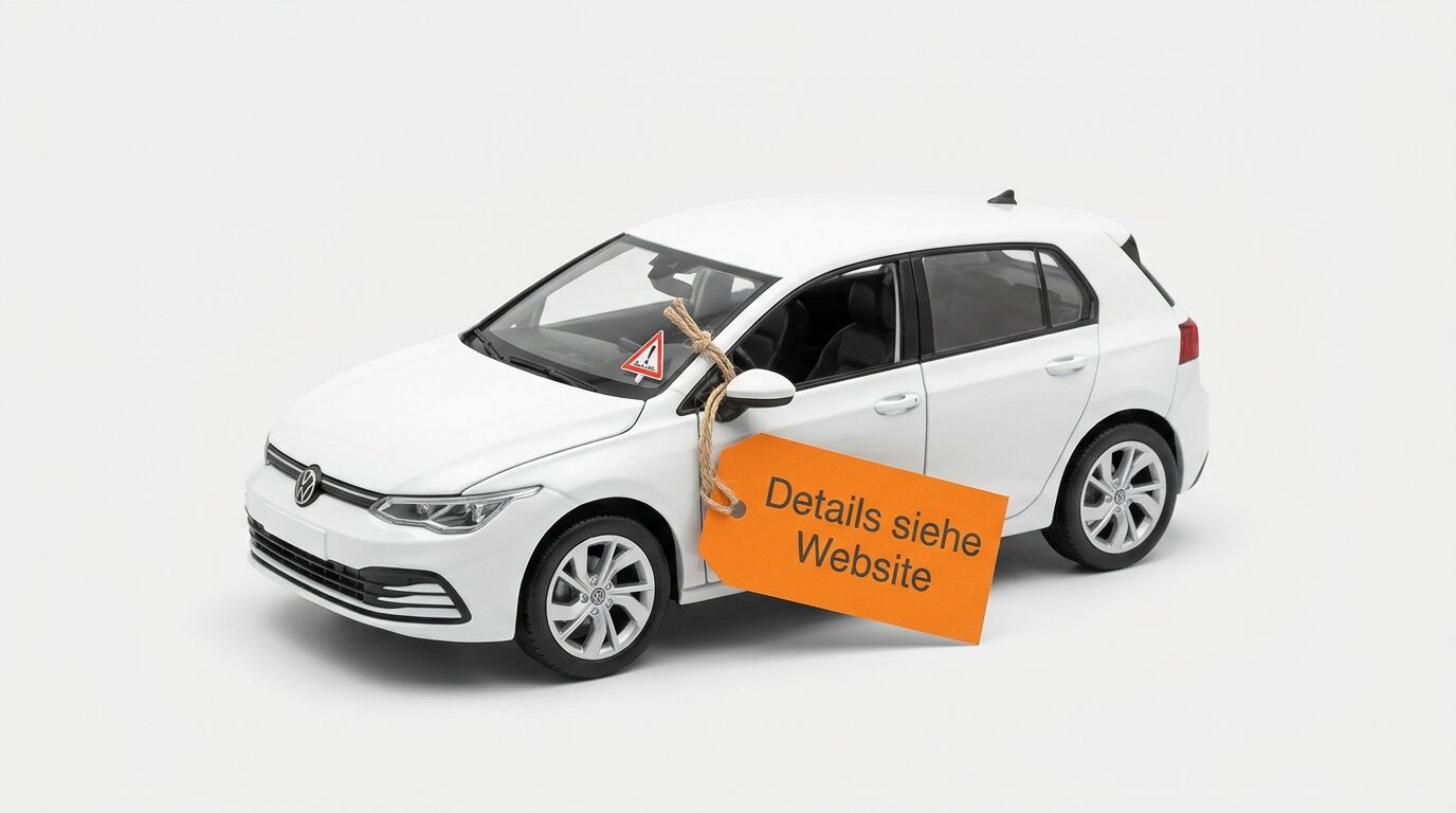 Weißes VW Golf-Modell mit orangefarbenem Anhänger „Details siehe Website“ und Warnaufkleber