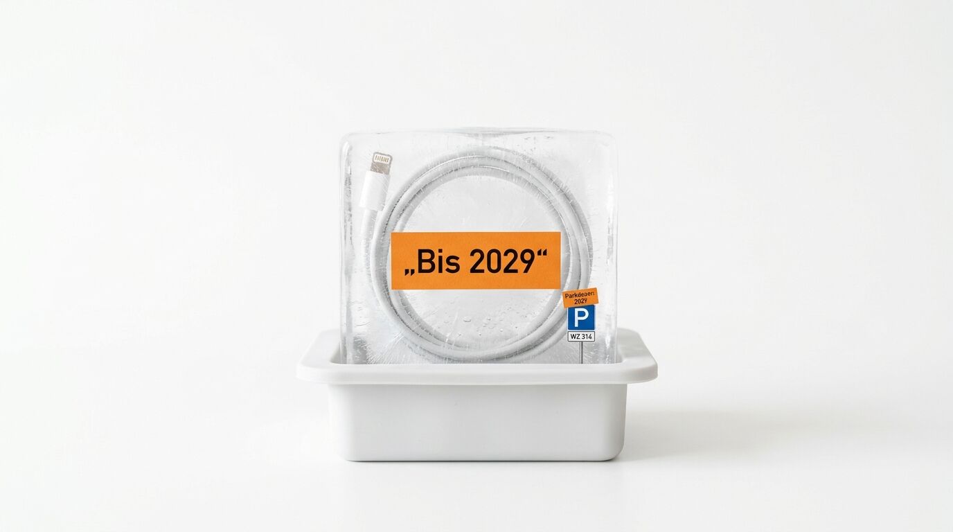 Ein in Eis eingefrorenes weißes Kabel mit Textlabel „Bis 2029“ und Parkschild
