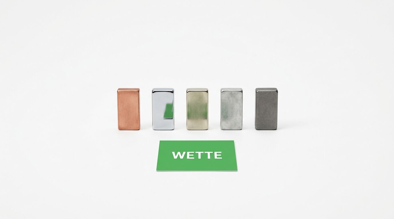 Fünf Metallquader in Reihe, davor grüne Karte mit weißer Aufschrift