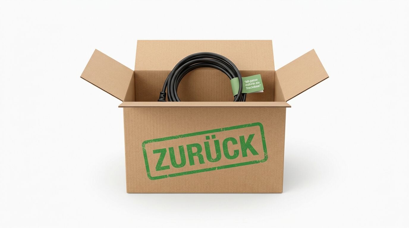 Geöffneter Karton mit einem Kabel, beschriftet mit einem grünen Stempel „ZURÜCK“