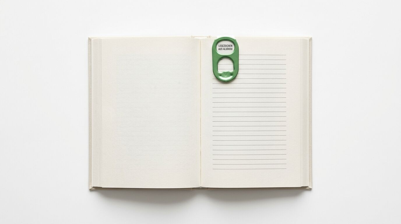 Ein grüner Dosenlaschen-Lesezeichen auf einem offenen linierten Notizbuch