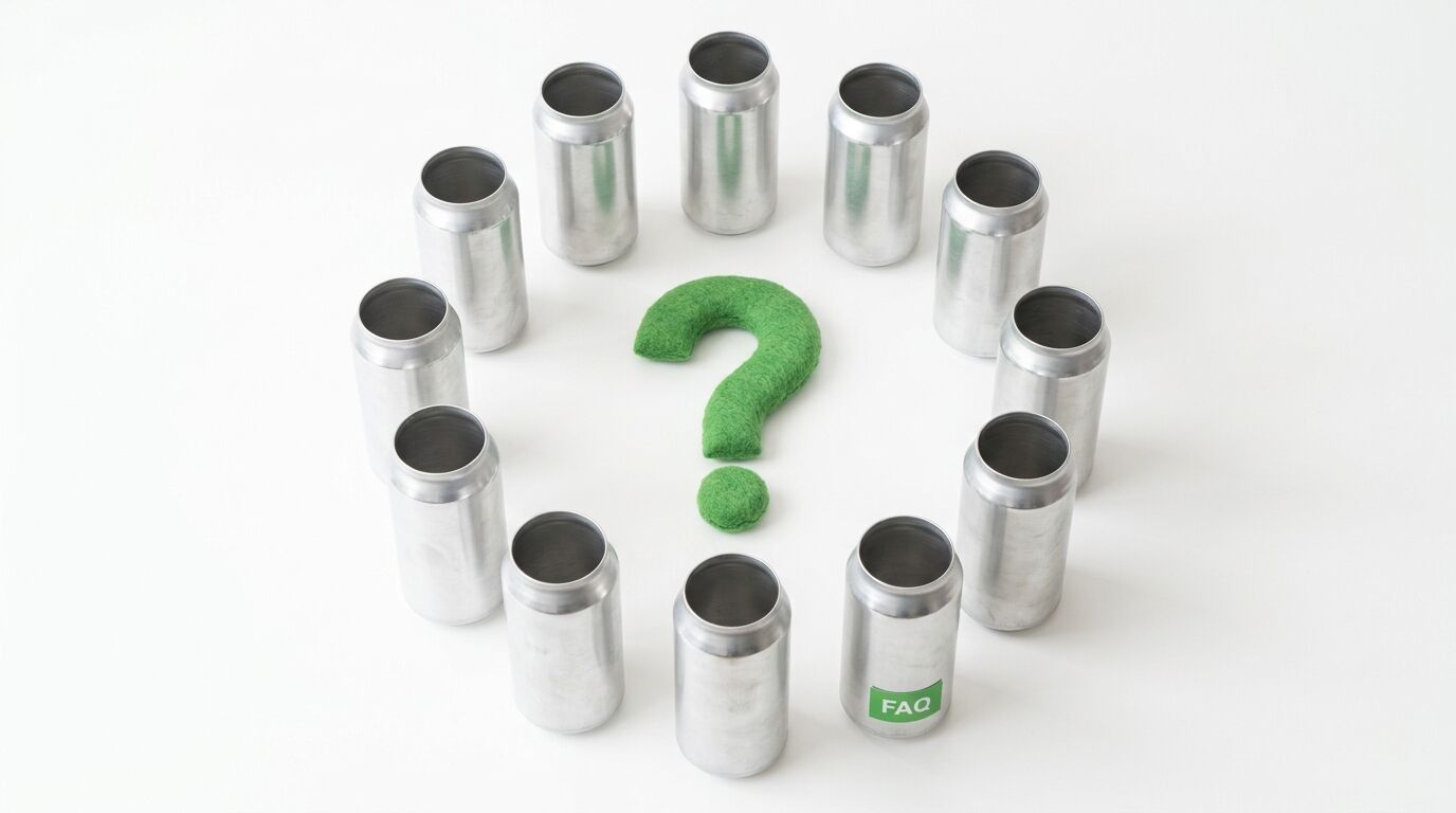 Grünes Fragezeichen aus Filz umringt von Aluminiumdosen, eine mit FAQ-Aufkleber
