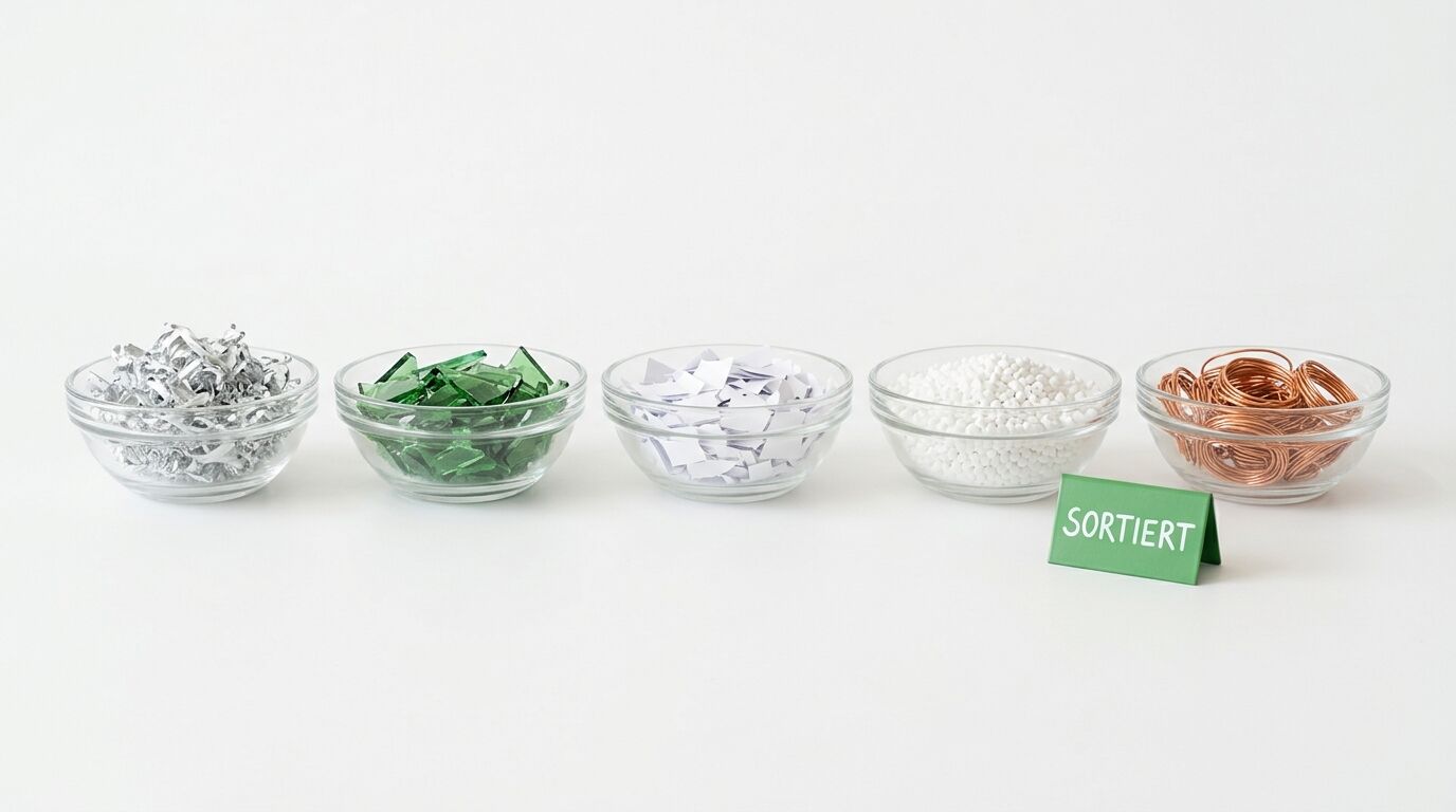 Fünf Glasschalen mit Aluschnipseln, Glasscherben, Papierschnipseln, Styroporkugeln, Kupferdraht vor weißem Hintergrund