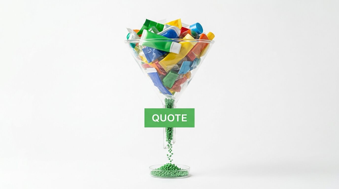 Glasbecher mit Plastik und grünem Feld (Quote) auf weißem Hintergrund