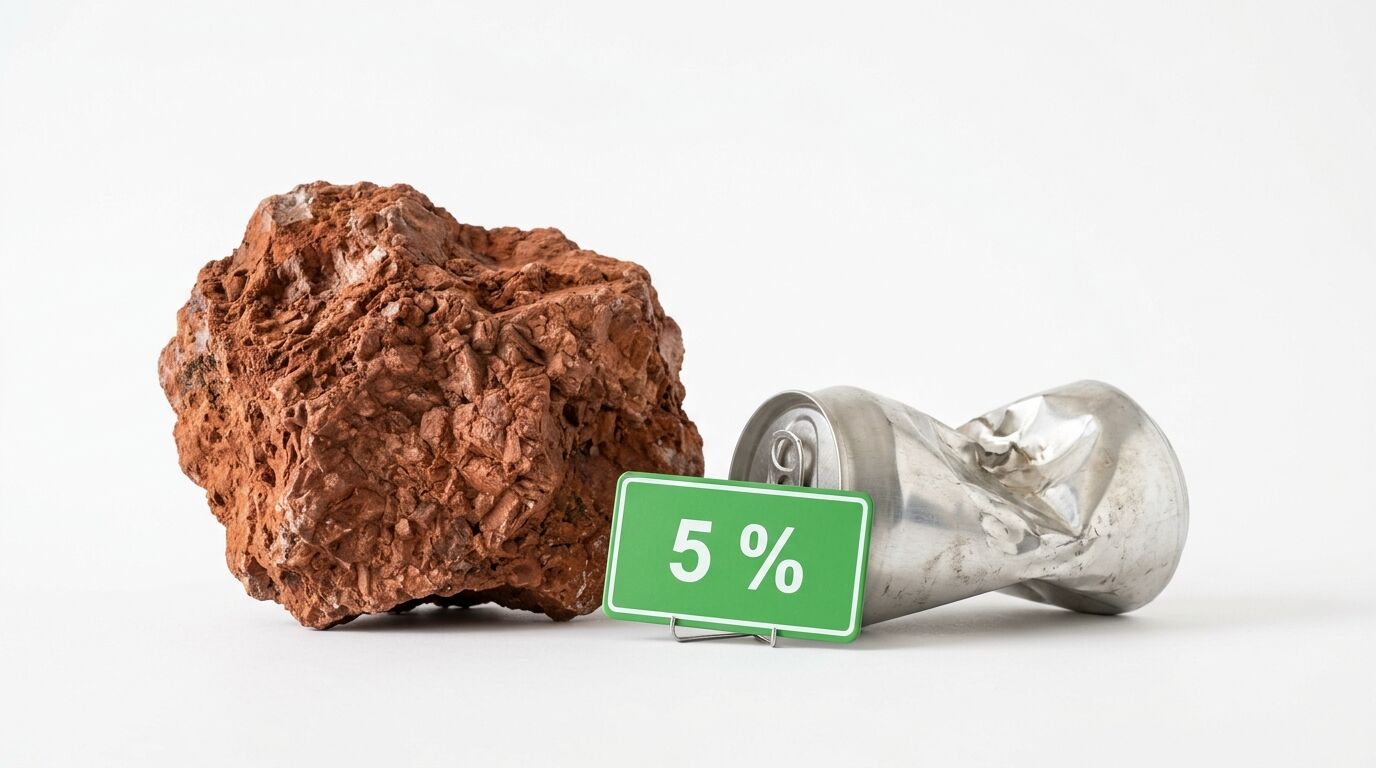 Bauxiterz und eine zerdrückte Getränkedose, daneben ein Schild mit der Aufschrift „5 %“