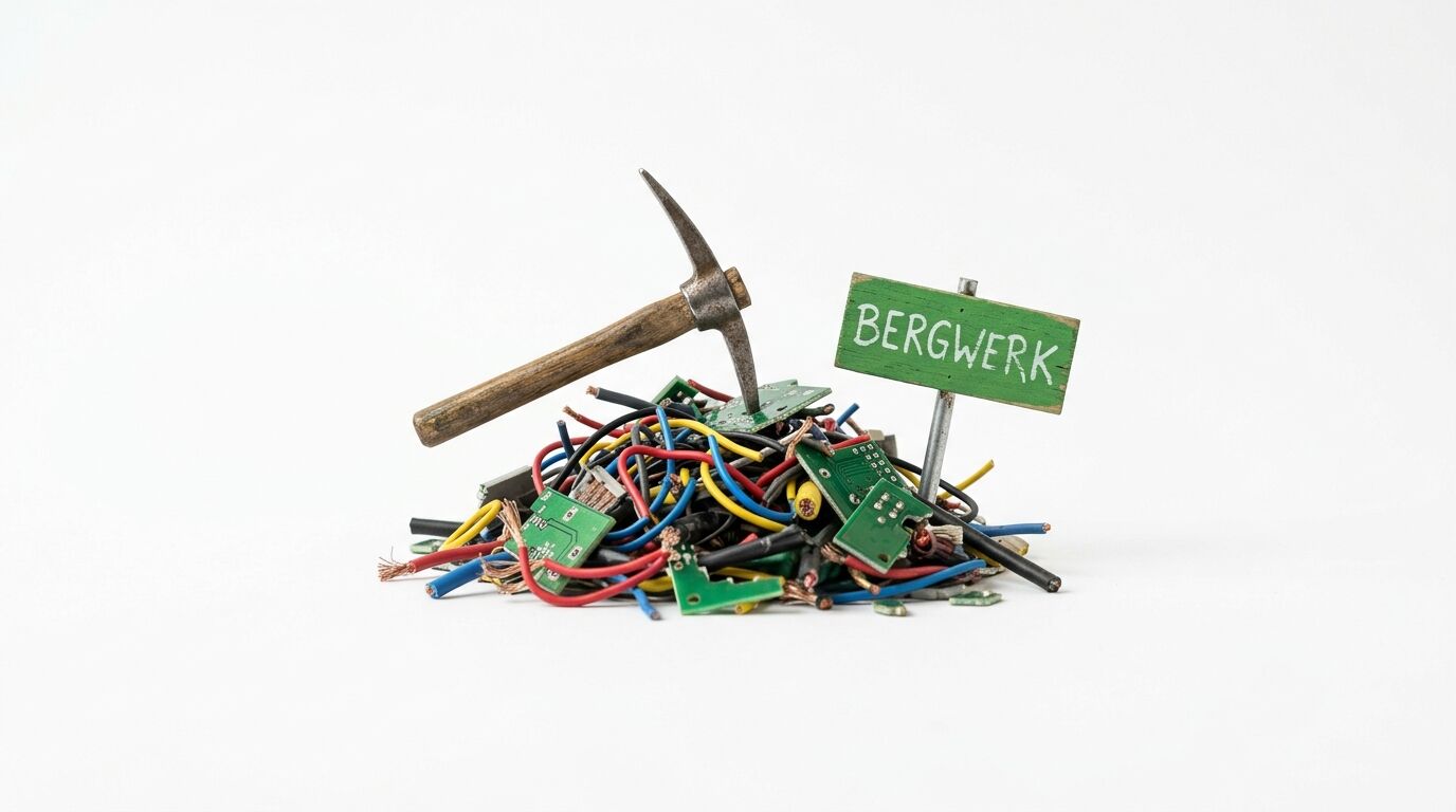 Elektroschrotthaufen mit kleiner Spitzhacke und Schild „BERGWERK“ auf weißem Grund