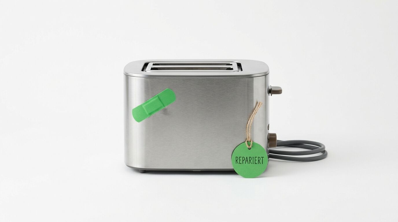 Edelstahltoaster mit grünem Pflaster und Anhänger „REPARIERT“ auf weißem Grund