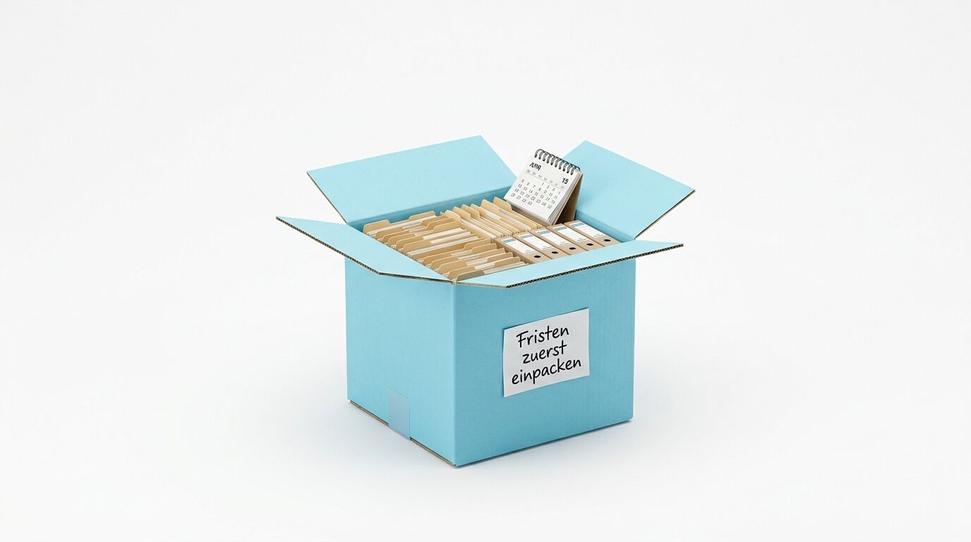 Offene hellblaue Schachtel mit Holzstäbchen, Kalender und Etikett "Fristen zuerst einpacken"
