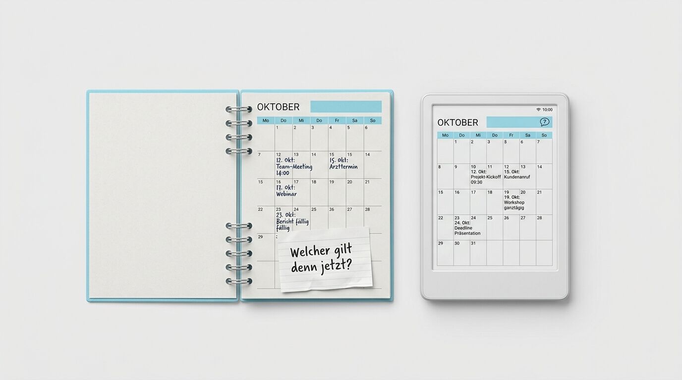 Spiralkalender und Tablet zeigen Oktober mit Terminen. Notiz fragt "Welcher gilt denn jetzt?"