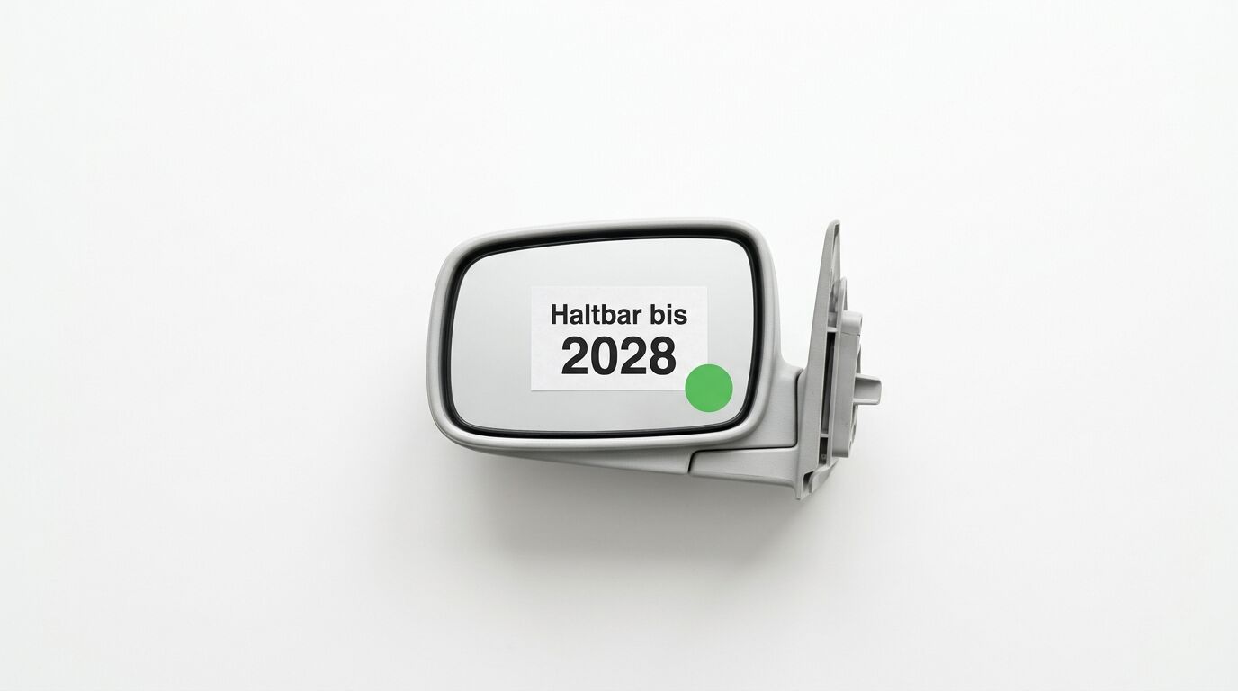 Außenspiegel mit Aufkleber „Haltbar bis 2028“ und grünem Punkt vor weißem Hintergrund