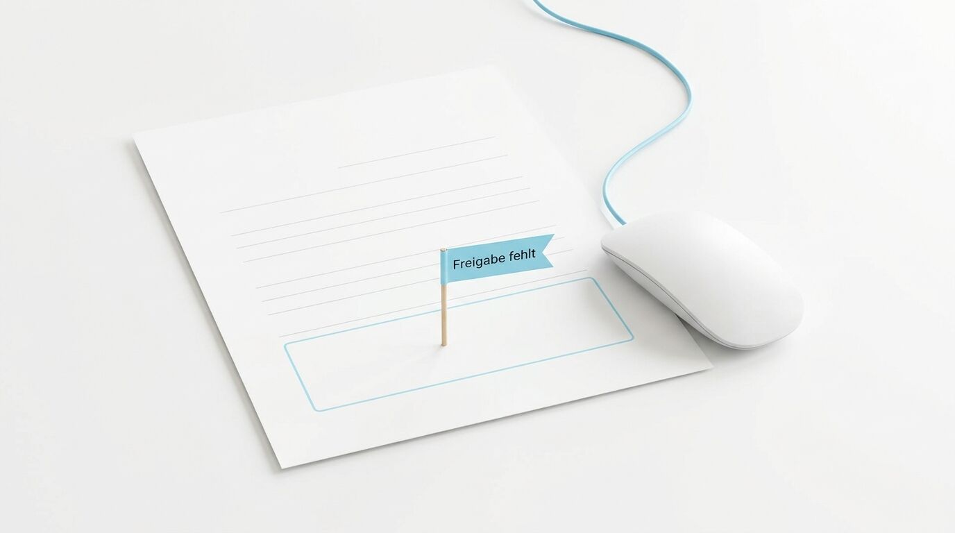 Ein Dokument mit einem Wimpel „Freigabe fehlt“ neben einer Computermaus auf weißem Grund