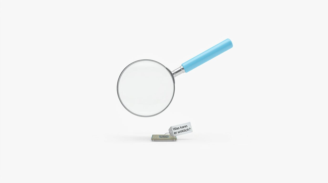 Lupe mit blauem Griff über einem Chip, darunter die Frage "Was kann er wirklich?"