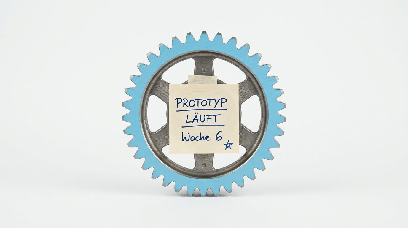 Blaues Zahnrad mit grauem Metallinnenring und beigem Notizzettel mit Aufschrift "PROTOTYP LÄUFT Woche 6"