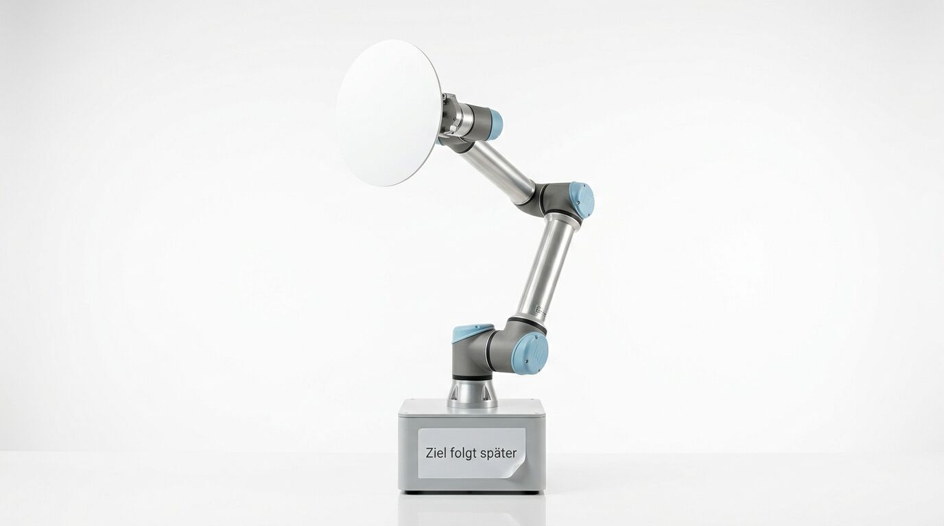 Grauer Roboterarm mit blauem Greifer und weißem Schirm auf Basis mit Aufschrift "Ziel folgt später"