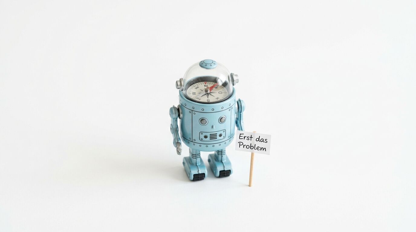 Ein hellblauer Retro-Roboter mit Kompass hält ein Schild mit der Aufschrift "Erst das Problem"