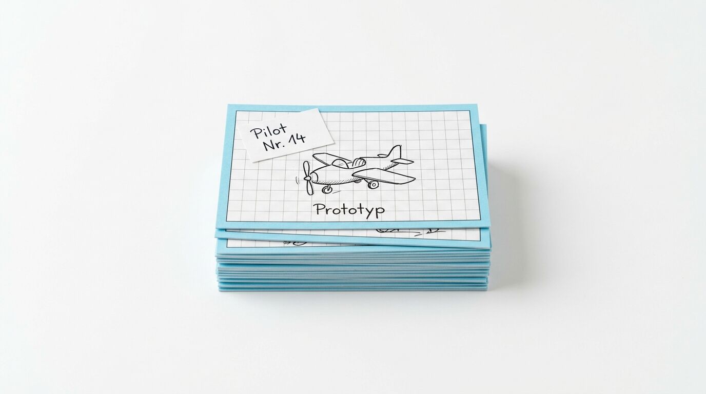 Stapel blauer Karteikarten mit Flugzeugzeichnung und Aufschrift "Pilot Nr. 44 Prototyp" auf weißem Hintergrund