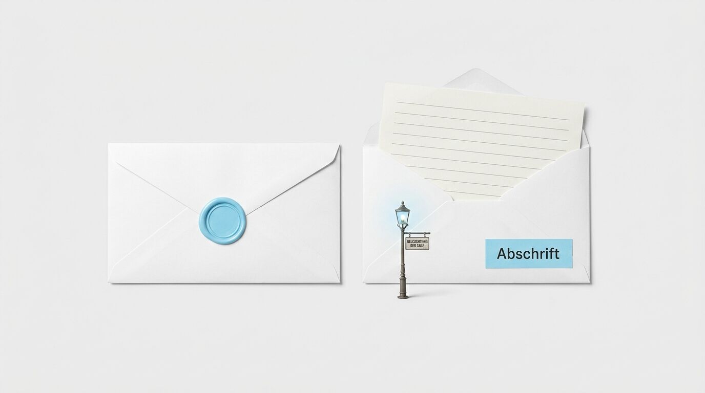 Zwei Briefumschläge (geschlossen mit Siegel, offen mit Liniiertes Papier, Laterne, „Abschrift“)