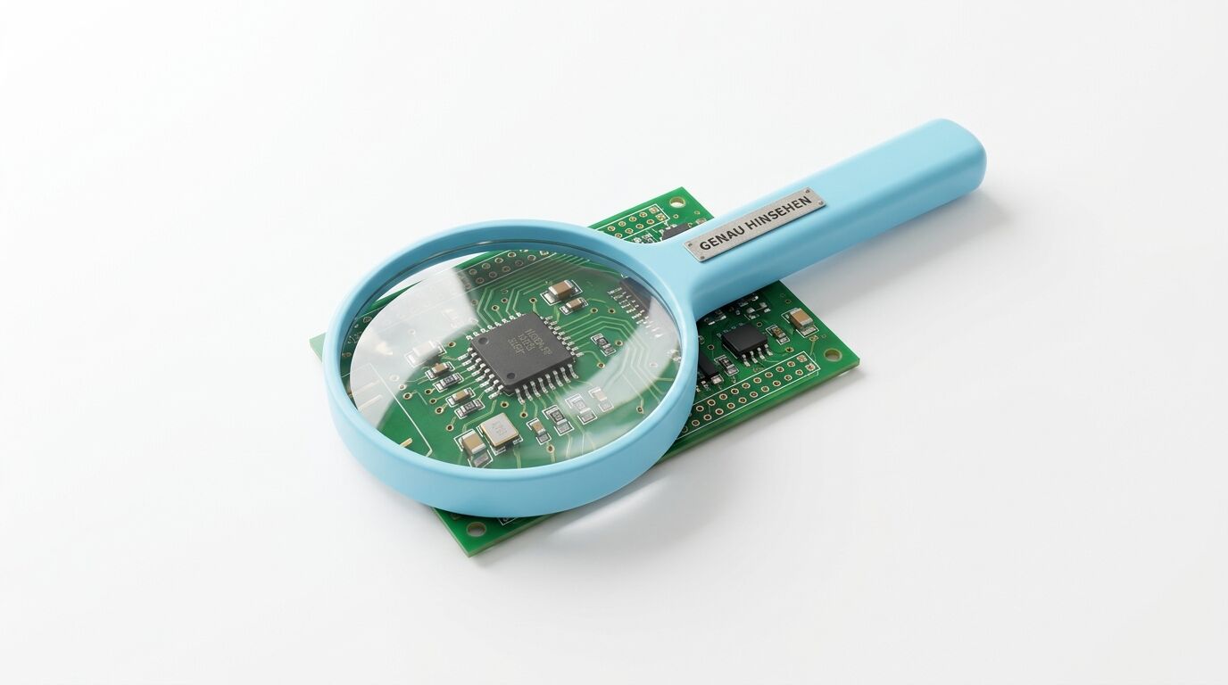 Lupe mit blauem Griff über grünen Leiterplatten mit elektronischen Komponenten und Beschriftung "GENAU HINSEHEN"
