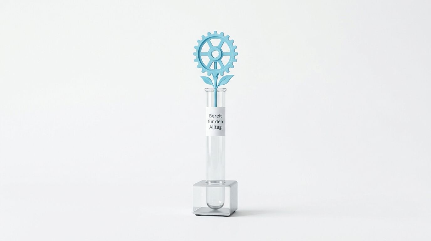 Ein stilisiertes blaues Zahnrad mit Blättern wächst aus einem Reagenzglas auf einem weißen Sockel. Etikett: "Bereit für den Alltag"