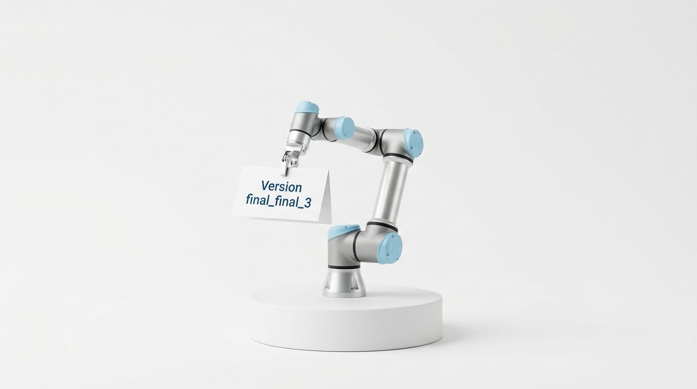 Kollaborativer Roboter mit blauem Endeffktor auf weißem Podest hält Papier "Version final_final_3"