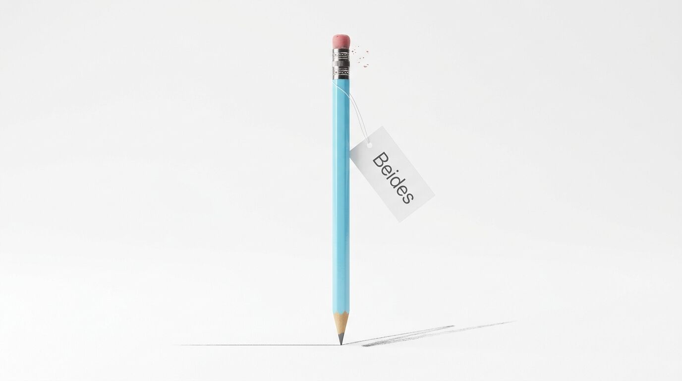 Blauer Bleistift, senkrecht stehend, mit Etikett „Beides“ und Radiergummikrümeln