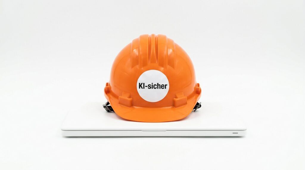 KI-resistente Berufe: Ein orangefarbener Schutzhelm mit dem Aufkleber „KI-sicher“ liegt auf einem geschlossenen weißen Laptop