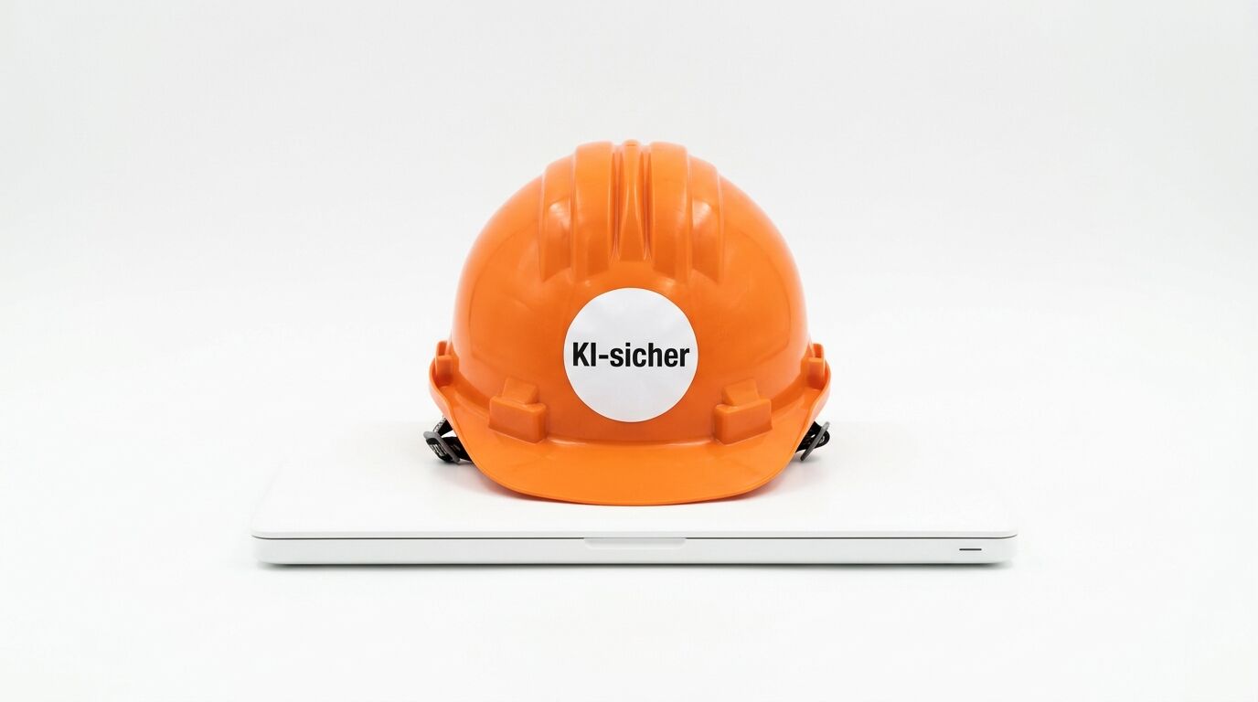 Oranger Bauhelm mit Aufkleber „KI-sicher“ auf einem weißen Laptop vor weißem Hintergrund