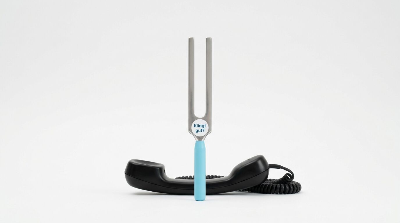 Eine Gabel mit hellblauem Griff und grauer Metallspitze steht vor einem Telefonhörer. Auf der Gabel steht "Klingt gut?"