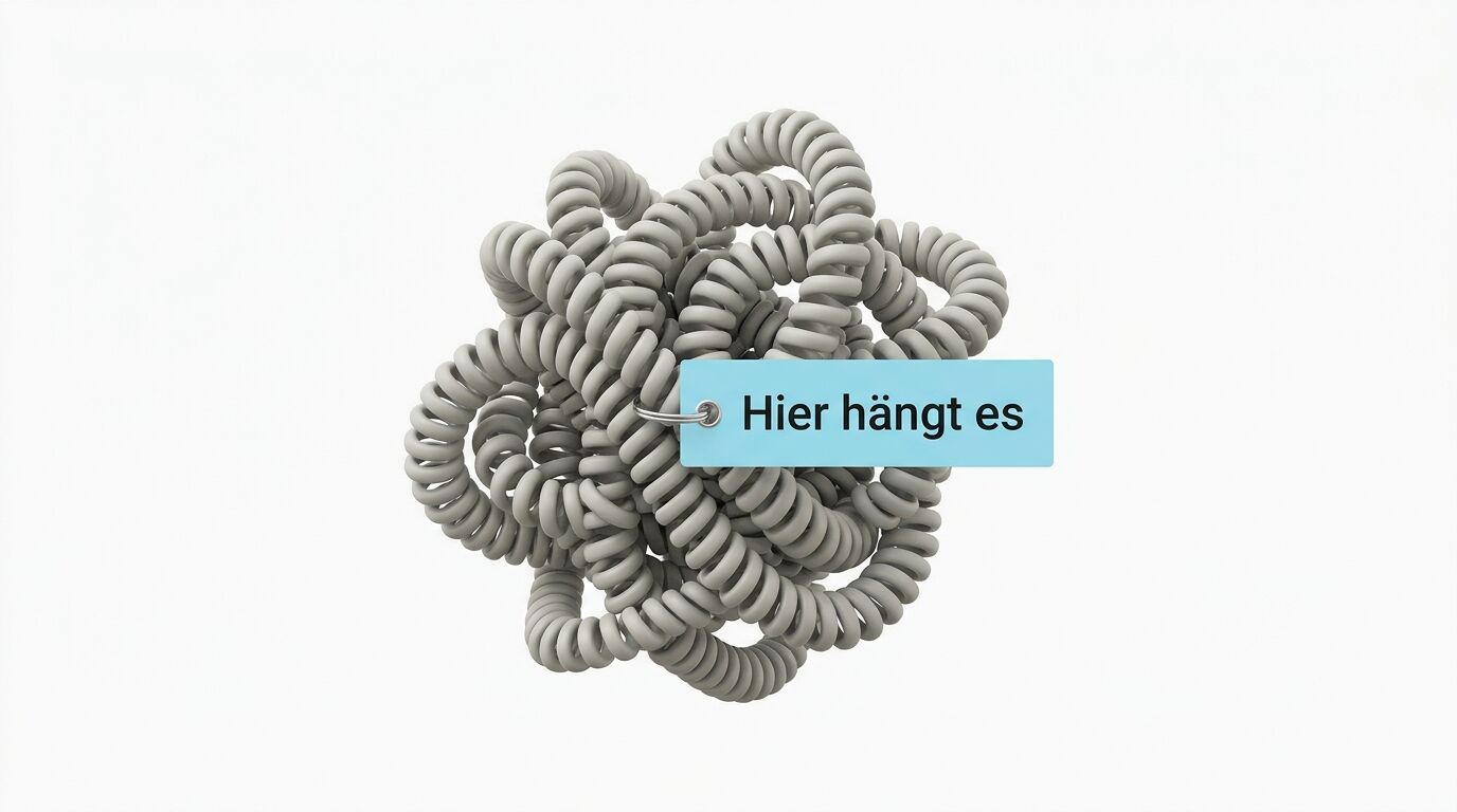 Grau gefärbte, spiralförmig gewundene 3D-Objekte mit einem blauen Label beschriftet mit "Hier hängt es"