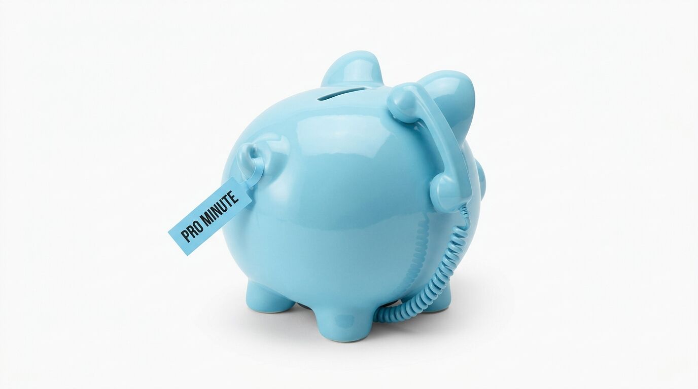 Hellblaues Sparschwein mit einem Etikett "PRO MINUTE" auf der Seite, vor weißem Hintergrund