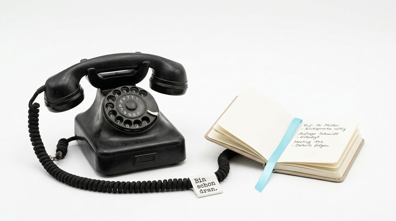 Schwarzes Wählscheibentelefon mit Hörer und Spiralkabel neben einem aufgeschlagenem Notizbuch mit blauem Lesezeichen auf weißem Hintergrund