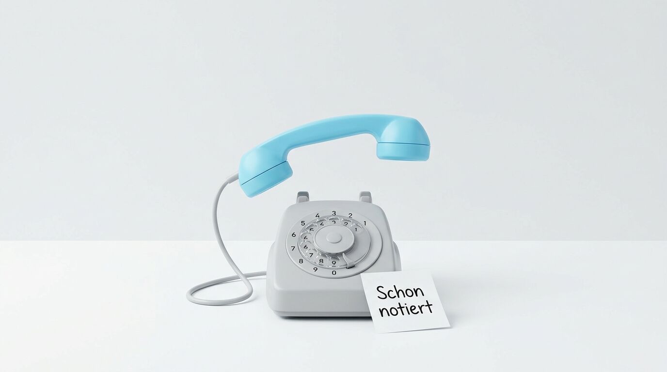 Vintage-Wähltelefon in Weiß mit hellblauem Hörer und Notizzettel "Schon notiert"
