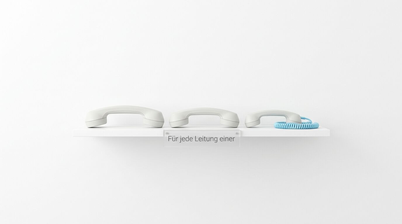 Drei weiße Telefonhörer auf einer Leiste, der rechte mit blauem Kabel, Text "Für jede Leitung einer"
