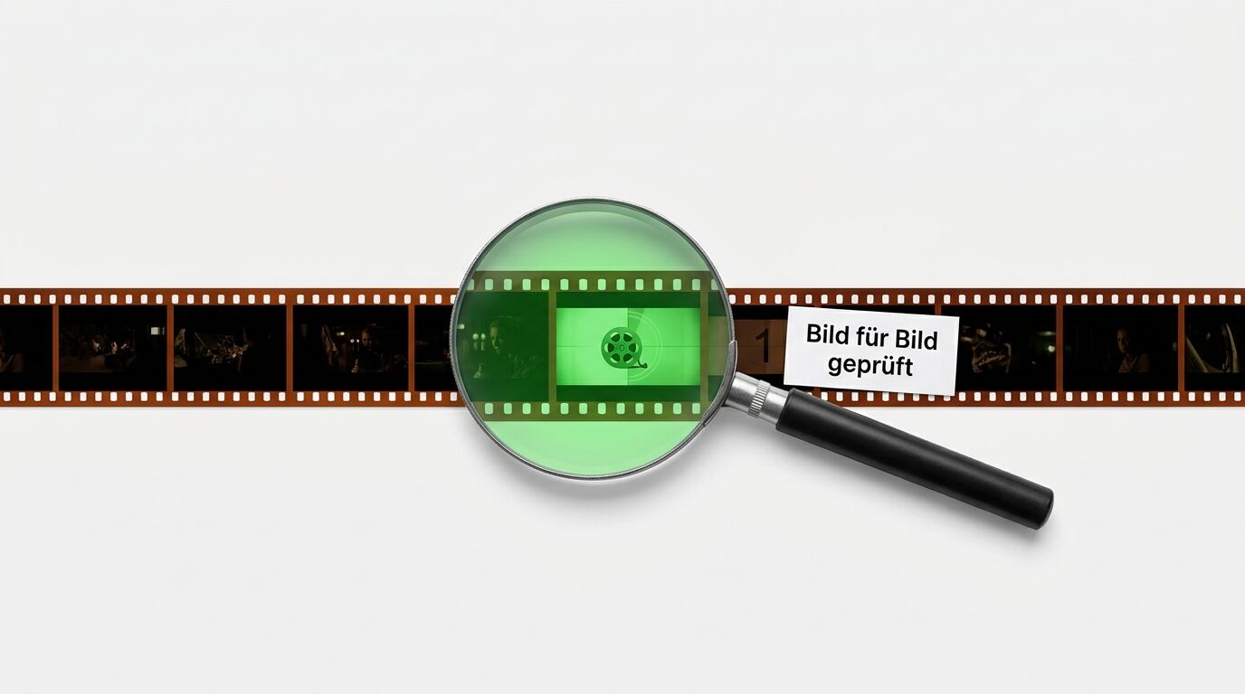 Filmstreifen mit Lupe zeigt grünes Bild. Etikett: "Bild für Bild geprüft"