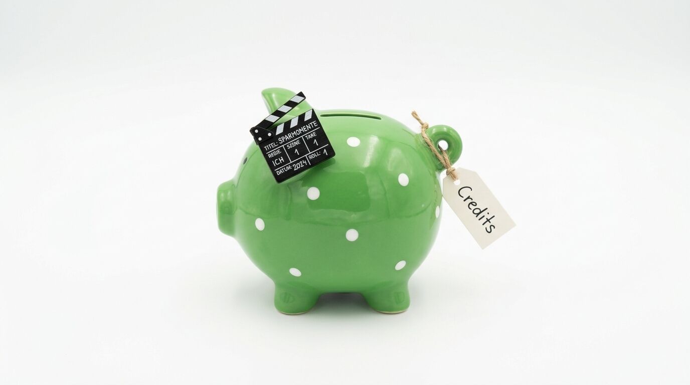 Grünes Sparschwein mit weißen Punkten, Filmklappe und "Credits"-Etikett auf grauem Hintergrund