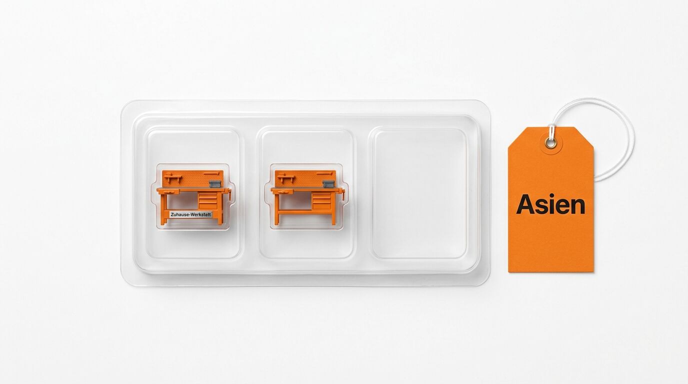Draufsicht auf Blisterpackung mit Miniaturwerkbänken und orangefarbenem Anhänger, beschriftet „Asien“